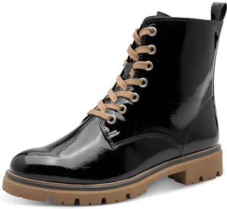 Marco Tozzi - Veterboots - Zwart - Glanzend - Blokhak - Vetersluiting