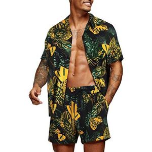 COOFANDY Hemd voor heren, Hawaiiaanse set, casual, button-down shirt met korte mouwen, Zwart, L