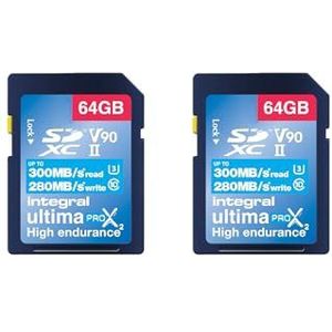 Integral 64 GB 2-pack UHS-II SD-kaart V90 Tot 300 MBs lezen en 280 MBs schrijfsnelheid 1866X SDHC Professionele hoge snelheid geheugenkaart