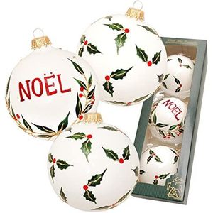 Lauschaer Kerstboomversiering - set van 3 glazen ballen wit mat met steekpalmen - decor en opschrift Noel, mondgeblazen en handbeschilderd, met gouden kroontjes, diameter ca. 8 cm
