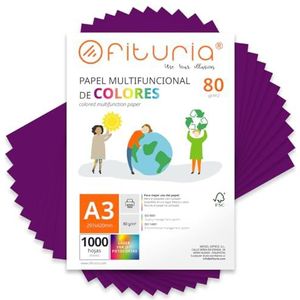 Kleurpapier, verpakking met 1000 vellen A3, 80 g, kleurrijk papier voor knutselwerk, printers, scrapbooking, ideaal voor Origami, Papyroflexia, kantoor en school (paars, 1000 h)