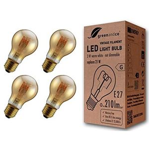4x greenandco® Vintage filament LED lamp amber E27 A60 3W 210lm 2000K extra warm wit 360° 230V flikkervrij, niet dimbaar
