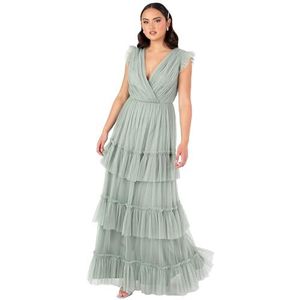 Anaya with Love Maxi-jurk voor dames, korte mouwen, V-hals, wikkel, gelaagde ruches, tule, A-lijn, bruiloftsgast, bruidsmeisje, baljurk, vorstgroen, 10, Frosty Groen, 36