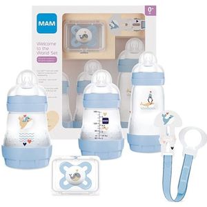 MAM Welcome to the World G101 Set voor pasgeborenen, 3 Easy Start Anti-Colic, 1 fopspeen Start en 1 broche clip 0+ maanden, blauw, Spaanse versie