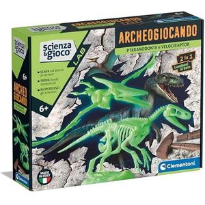 Clementoni - Wetenschap Lab-archeogiospel Pteranodon en Velociraptor-dinosaurus, fossielenset om te graven en te monteren, wetenschappelijk spel 7 jaar, in het Italiaans, Made in Italy, meerkleurig,