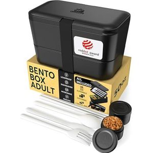 Umami Bento Lunchbox, bestek en 2 sauspotten inbegrepen, Bento Box, magnetronlunchbox, lunchbox voor volwassenen, inbouwbox, 4 vakken, Bento Box, lunchbox