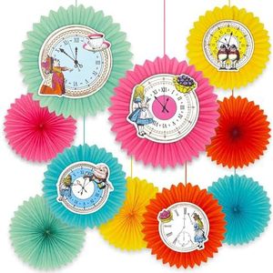 Talking Tables 10 x Alice in Wonderland Curious Clock Fans Paper Hangende Decoratie voor Kinderverjaardagen, Mad Hatter Tea Party, Onederland, babyshower