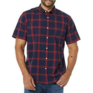 Amazon Essentials Heren Slim-Fit Poplin Shirt met korte mouwen, Marinerood Buffalo Plaid, Medium