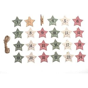 GLOREX 6 7036 571 - Houten sterren met clip, ca. 3,5 x 4,7 cm, 24 stuks met cijfers van 1-24, kleurrijk, geschikt als decoratieve kerstkalender