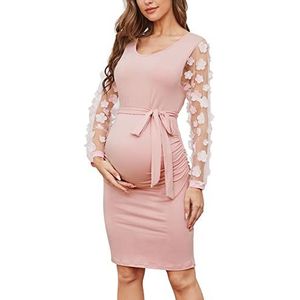 Gebloemde mesh bisschop lange mouwen moederschap midi-jurk herfst moederschap bodycon jurk voor babyborrel/bruiloft gast/fotoshoot, PINK, L