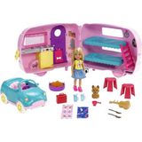 Barbie Club Chelsea Camper speelset met Chelsea pop, puppy, auto, camper, vuurkorf, gitaar en 10 accessoires. Cadeau voor kinderen tussen de 3 en 7 jaar, FXG90