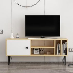 Hanah Home Stijlvolle tv-unit, eiken en wit, 120 x 25 x 51,6 cm, 100% melamine gecoat particle board, 18 mm dik, wandbevestiging met meerdere planken, modern design