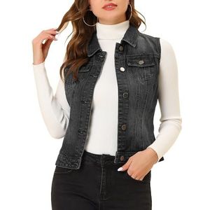 Allegra K Afgewassen jeansvest met knopen, W-vest met borstflapzakken, Zwart, M