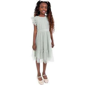 Anaya with Love Maya Deluxe bloemenmeisjesjurk, bruidsmeisje, kinderen, ronde hals, korte fladdermouwen, strik, tule ruches, prinsessenkinderen, vorstgroen, 3-4 jaar, Frosty Groen, 3-4 jaar