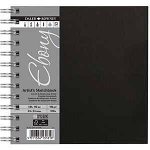 Daler-Rowney Ebony Schetsboek, glad oppervlak, 160 g, spiraalbinding, hardcover, 14 x 14 cm, natuurlijk wit, 54 vellen