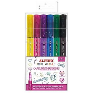 Alpino 6 outline markers Color Experience Metallic stiften met gekleurde rand, tweeregelige markers, marker voor het markeren, schrijven en decoreren van notities