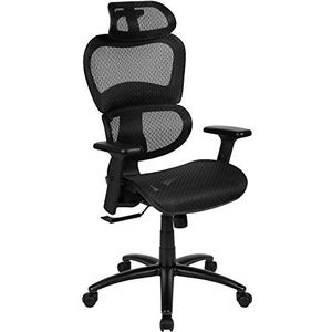 Flash Furniture Ergonomische mesh bureaustoel met 2-op-1 synchro-kanteling, hoofdsteun, lendensteun en verstelbare draagarmen, metaal, zwart, set van 1