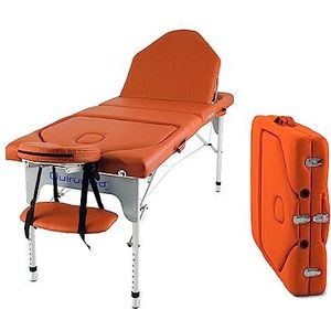 QUIRUMED Opvouwbare ligstoel, met dubbele rugleuning, aluminium, kunstleer, oranje, 186 x 66 cm, draagbaar, afneembare kop, gezichtsgat, in hoogte verstelbaar, tot 150 kg