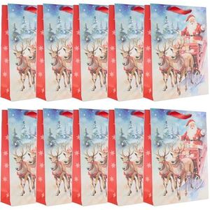 Idena 30515-10 - Kerstcadeauzakjes, 10 stuks, cadeauzakjes in het formaat 25 x 34 x 9 cm, papieren zakjes kerstman op een arreslee en rendieren