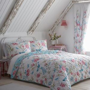 Dreams & Drapes - Tuinbloemen en vogels sprei (230 x 200 cm) - Blauwe en roze bloemen quilt/gewatteerde deken - blauwe en roze bloemen bloemen dekbedovertrek - Amelle Collection