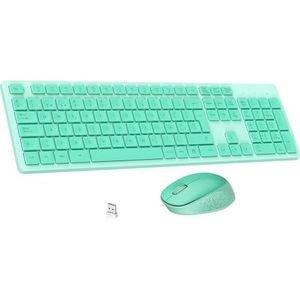 LeadsaiL Draadloos toetsenbord en muis, ergonomisch draadloos toetsenbord en muis, Spaans QWERTY, volledige grootte met numeriek toetsenbord, USB-ontvanger 2,4 GHz voor Mac, PC, laptop, mintgroen
