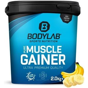 Bodylab24 Pure Muscle Gainer Banaan 2000g, 33g natuurlijke koolhydraten, 40g eiwit en 12g vet per 100g, verrijkt met creatine monohydraat, perfecte weight gainer shake voor massaopbouw