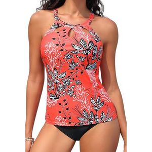 Yonique Tweedelige Tankini-badpakken met hoge hals voor dames, buikcontrole, badpakken, bloemenprint, badkleding, Rood, 152