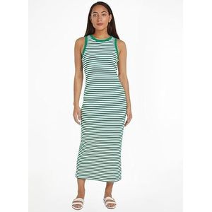 Tommy Hilfiger Dames Slim 5X2 STR Rib MIDI Jurk NS WW0WW41996 Bodycon Jurk, Wit (Mini STP Olympisch Groen/Wit), S, Wit (Mini Stp Olympisch Groen/Wit), S