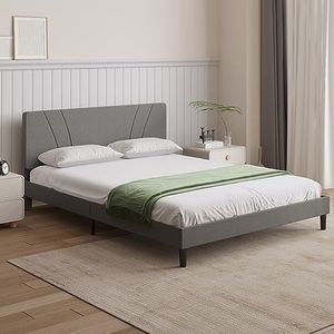 Novilla Gestoffeerd bed, 160 x 200 cm, bedframe met lattenbodem en rugleuning, huidvriendelijk linnen materiaal, voor volwassenen, tweepersoonsbedframe, grijs