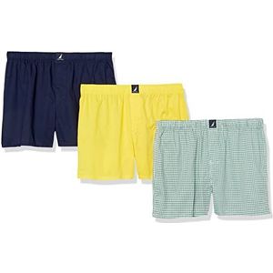 Nautica Heren Katoen Geweven 3 Pack Boxer Shorts, Mari Goud/Peacoat/Check Ocean Green, Large
