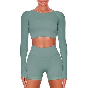 Buttergene Sportkleding, set, dames, 2 stuks, lange mouw, yoga, outfit, sportschool, naadloos, geribbeld, croptop, legging met hoge tailleband, S