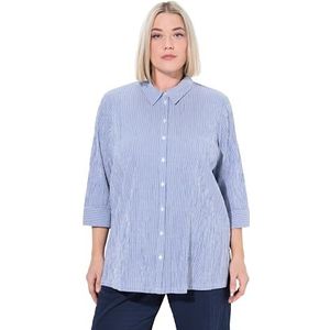 Ulla Popken Dames grote maten grote maten plussize bubbelblouse, strepen, hemdkraag, 3/4-mouw, kobaltblauw, 42-44 Grote maten