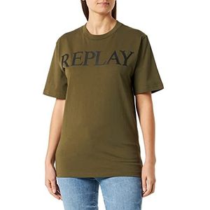 Replay T-shirt voor dames met korte mouwen en logo op, legergroen 238, M
