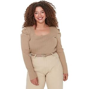 Trendyol Vrouwen Plus Size Getailleerde Bodycon Vierkante Kraag Knitwear Plus Size Blouse, Beige, 5XL grote maten