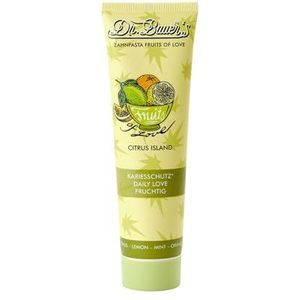 Dr. Bauer's Fruits of Love CITRUS ISLAND Tandpasta, tandpasta in duurzame tube van 90 ml en verpakking, met leuke smaken, per stuk verpakt (1 x 90 ml)