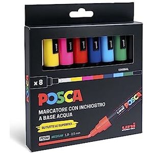 Posca UniPosca Set van 8 gesorteerde acrylstiften, meerkleurig met ronde punt, middelgroot, 2,5 mm, voor kinderen en kunstenaars, geschikt als verf voor textiel, hout, glas en andere oppervlakken