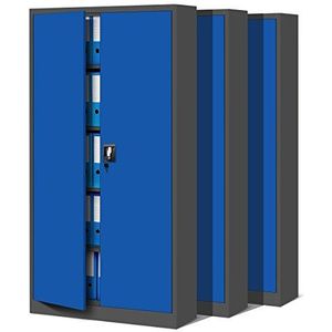 Set van 3 bureaukast C001 archiefkast multifunctionele kast metalen kast opslagkast 4 planken staalplaat poedercoating 185 cm x 90 cm x 40 cm (antraciet-blauw)