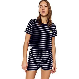 Trendyol Vrouwen Gestreepte Elastische Taille Gedetailleerd Midden Gebreid T-shirt-Korte Pyjama Set, Donkerblauw, XL