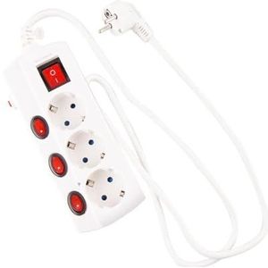 Stekkerdoos, wit, 3-voudig, met enkele schakelaar, overspanningsbeveiliging, intrekbaar, 1,5 m, kinderbeveiliging