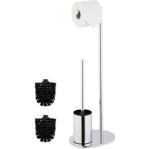 Relaxdays toiletbutler, metaal, HxBxD 63 x 23 x 17 cm, staande toiletrolhouder, wc-borstel met houder, modern, zilver