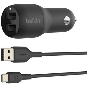 Belkin Boost Charge USB-autolader van 24 W met 2 poorten en USB-A/USB-C-kabel (oplader voor apparaten zoals iPad Pro, Pixel en Nintendo Switch en andere apparaten zoals Samsung)