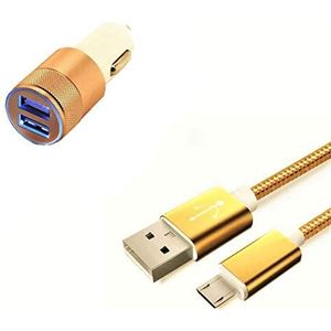 Autolader voor Wiko View 2 GB Smartphone Micro-USB-kabel nylon + dubbele adapter sigarettenaansteker) (goudkleurig
