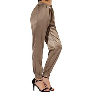 Allegra K Dames werkbroek trekkoord elastische taille Athleisure trainingsbroek enkellengte satijnen joggingbroek met zak, bruin, XS