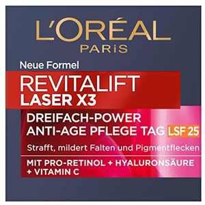 L'Oréal Paris Dagverzorging met SPF 25, verstevigende en opvullende anti-aging gezichtsverzorging met 3-voudige werking, met hyaluronzuur, vitamine C en pro-Retinol, Revitalift Laser X3, 50 ml