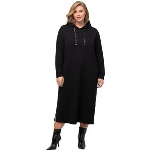 Ulla Popken Dameskleding Plus Size Curvy Hooded Statement Tie Stretch Sweatshirt Jurk 816119, Zwart, 24-26