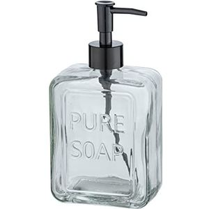 WENKO Pure Soap, navulbare vloeibare zeepdispenser van hoogwaardig glas, grote desinfectiemiddeldispenser voor keuken, badkamer en gastentoilet, inhoud 550 ml, 9,5 x 20 x 6 cm, transparant