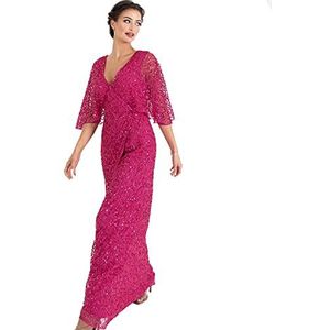 Womens maxi jurk dames pailletten verfraaid wrap A-lijn jurk voor bruiloft gast bruidsmeisje avond bal gelegenheid fuchsia maat 22 UK, Fuchsia, 48