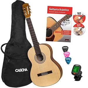 Cascha Student Series 4/4 klassieke gitaar voor beginners incl. schrijfboek, stemapparaat, Gigbag/tas, 3 punten, klassiek voor kinderen vanaf 10 jaar, voor beginners, nylon snaren