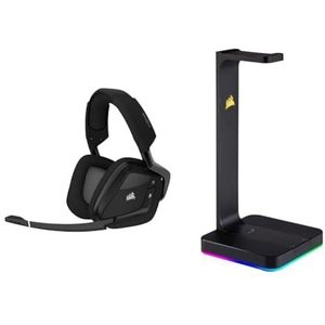Corsair VOID RGB Elite Wireless (7.1 SurroenSound, Ultra-lage latency, 12 meter bereik, Omnidirectionele microfoon) Zwart. & Corsair St100 RGB Premium-headsetstandaard met 7.1 surround sound