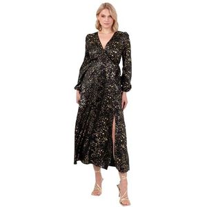 Lovedrobe Dames Midaxi Jurk Dames Wrap V-hals Lange Bishop Sleeve Satijn Goud Vlek Zijband Split A-lijn Wedding Guest, Zwart 54, zwart, 54 NL